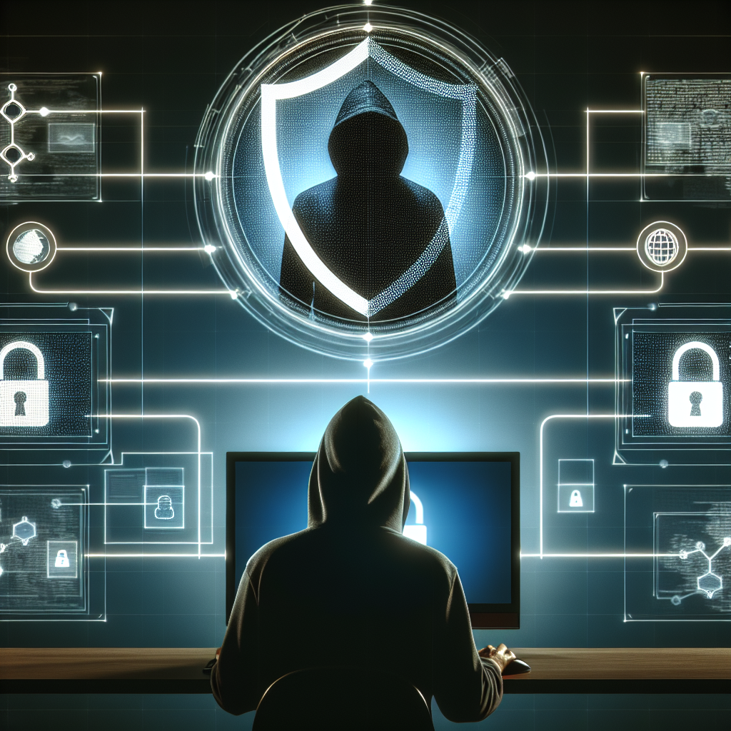 "Ethical hacker demonstrating cybersecurity strategies to enhance remote work security, showcasing a digital interface with security tools and data protection icons."